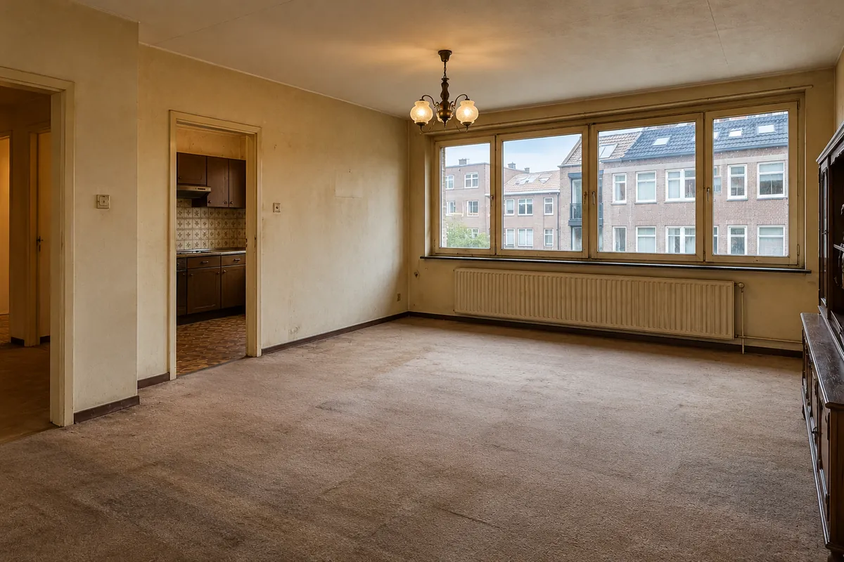 Verouderd appartement uit de jaren 70 vóór de renovatie: gesloten keuken, tapijt en donkere leefruimte