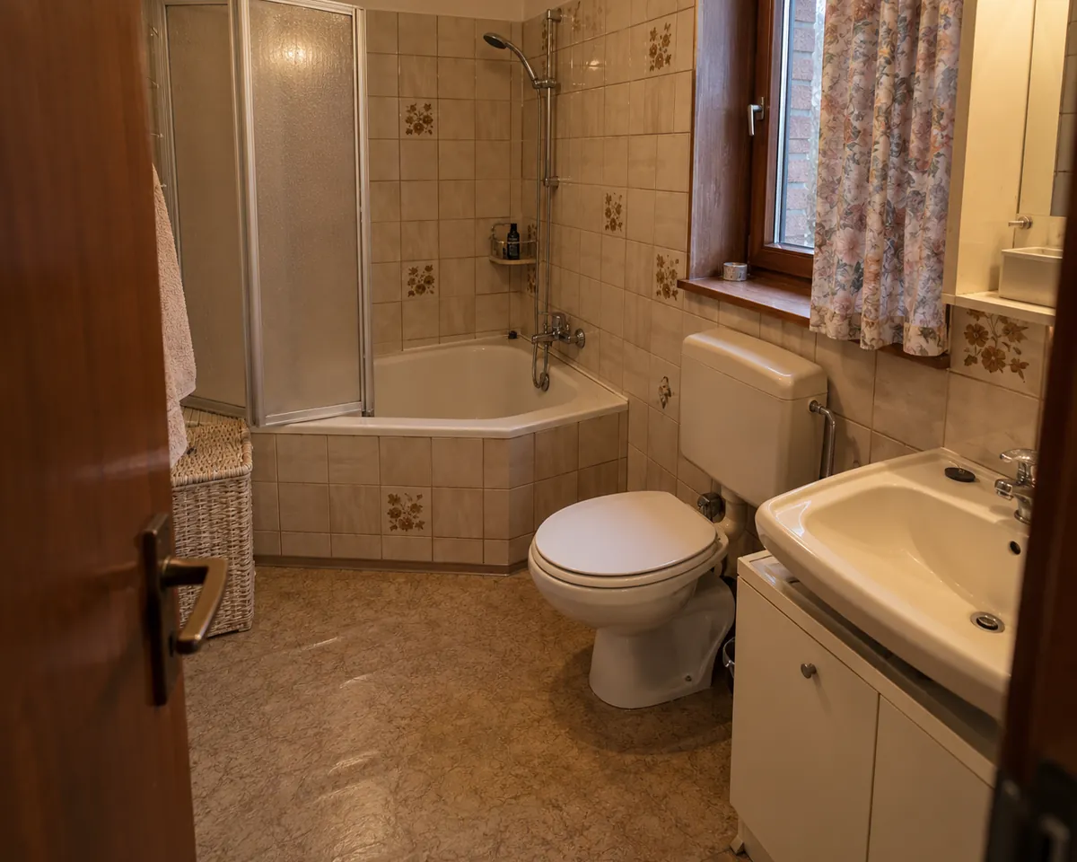 Kleine verouderde badkamer vóór de renovatie: hoekbad met plastic douchewand, bloemetjestegels en linoleum