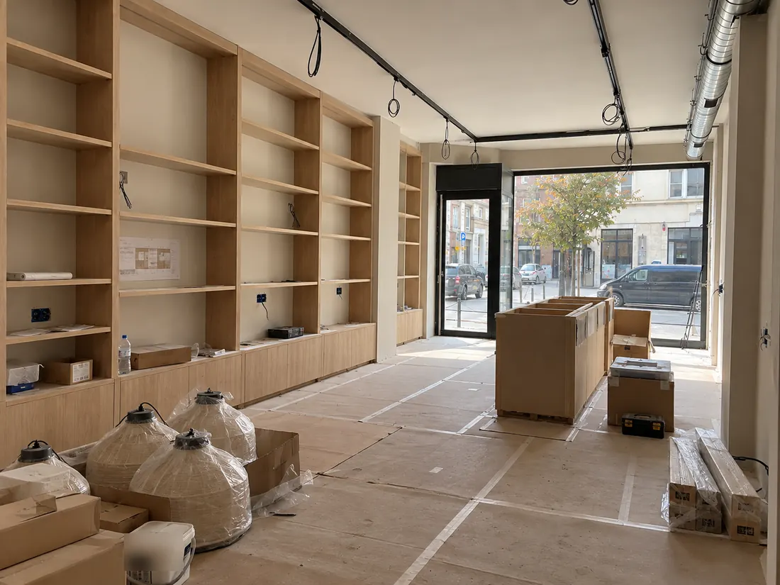Werffoto winkel: eiken wandrekken, toonbank in opbouw en ingepakte hanglampen